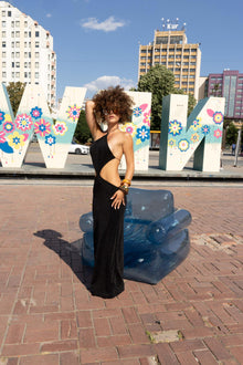 Black glitter cut-out dress