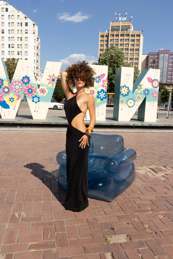 Black glitter cut-out dress