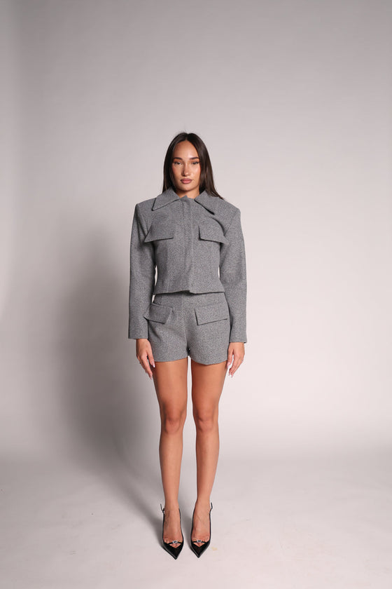 Grey open back jacket pant set