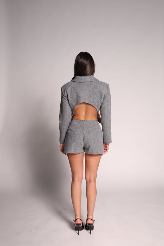 Grey open back jacket pant set