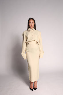 Beige shoulder padded shirt  skirt set