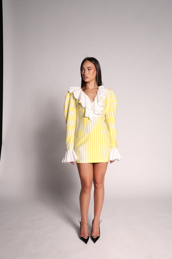 Yellow stripe white detail dress